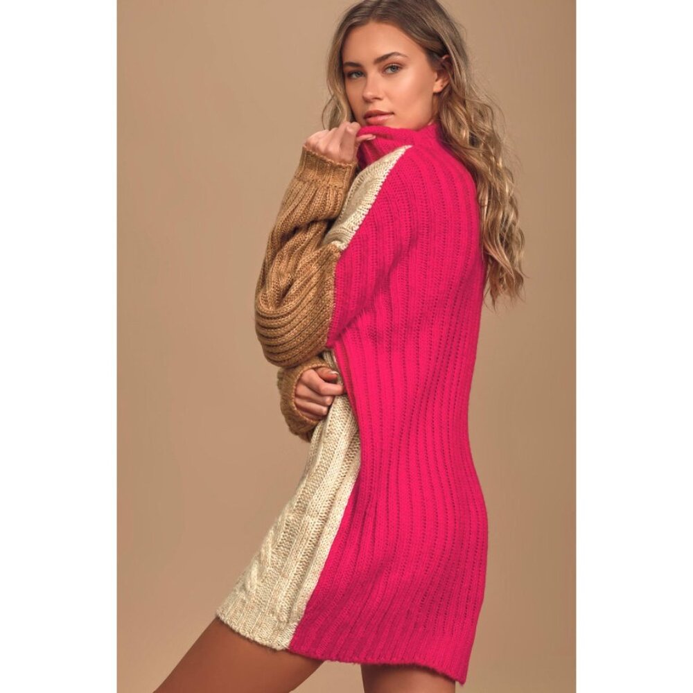 Moon River Block it Out Pink Multi Color Block Cable Knit Sweater Dress Small‎